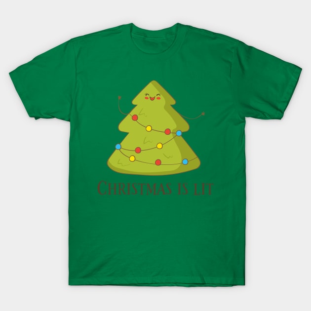 Christmas Is Lit, Funny Cute Christmas Tree T-Shirt by Dreamy Panda Designs